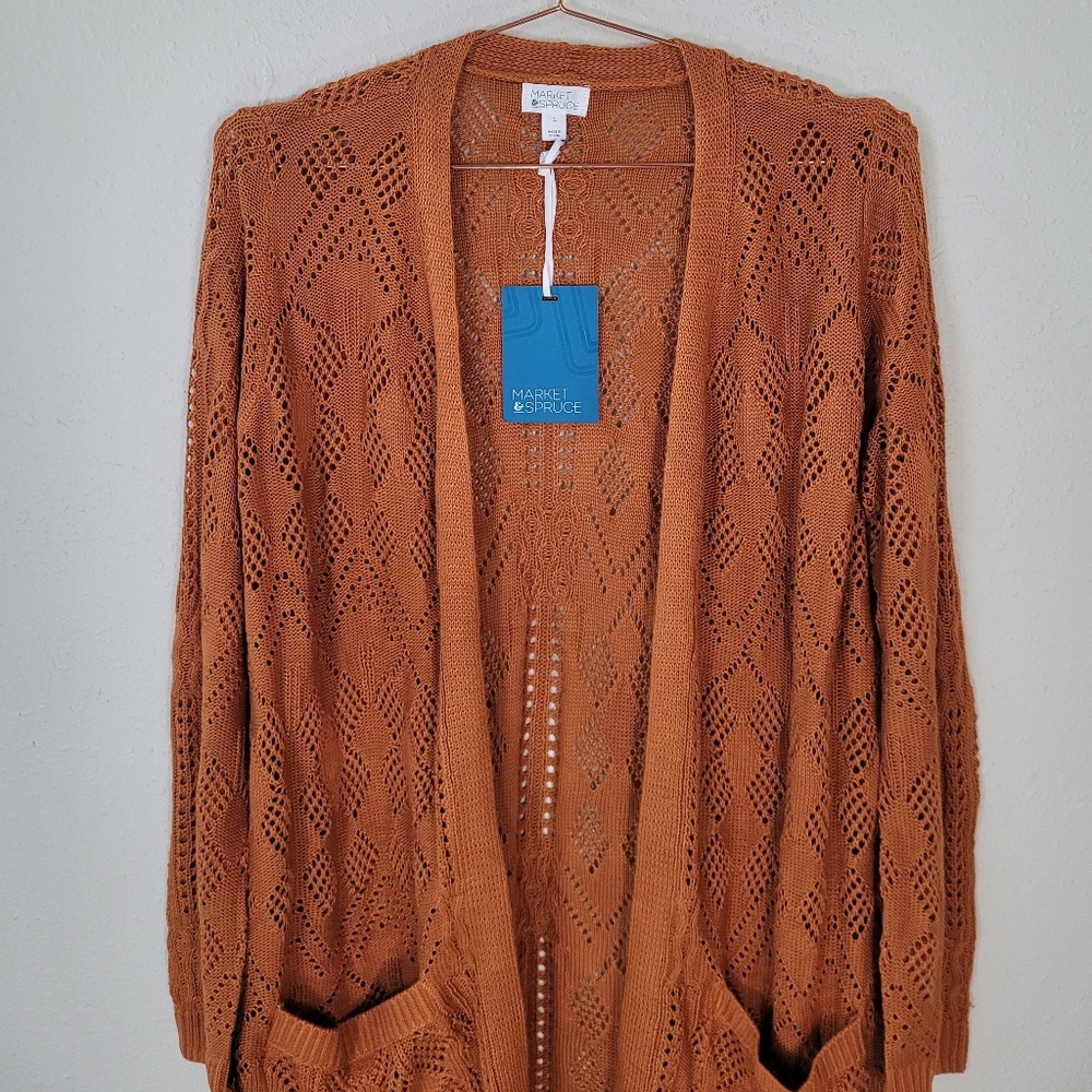 Market & Spruce Openwork Knit Cardigan - Rust - Picture 2 of 14